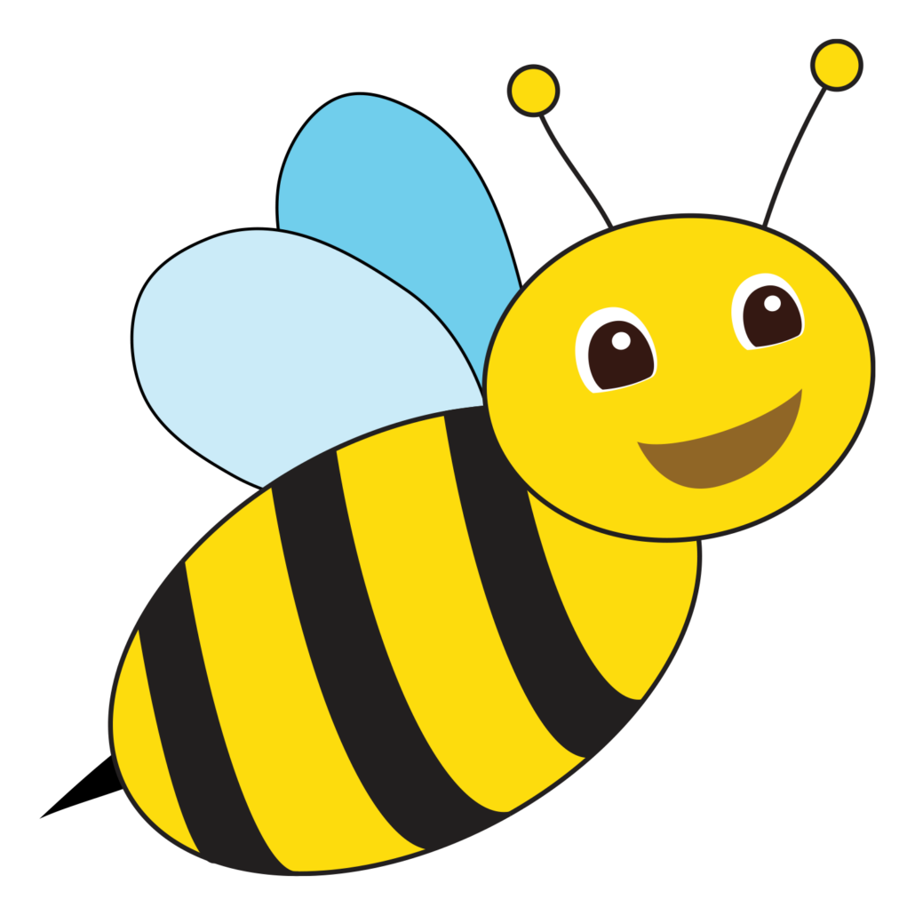 A cartoon bee is smiling and flying in the air