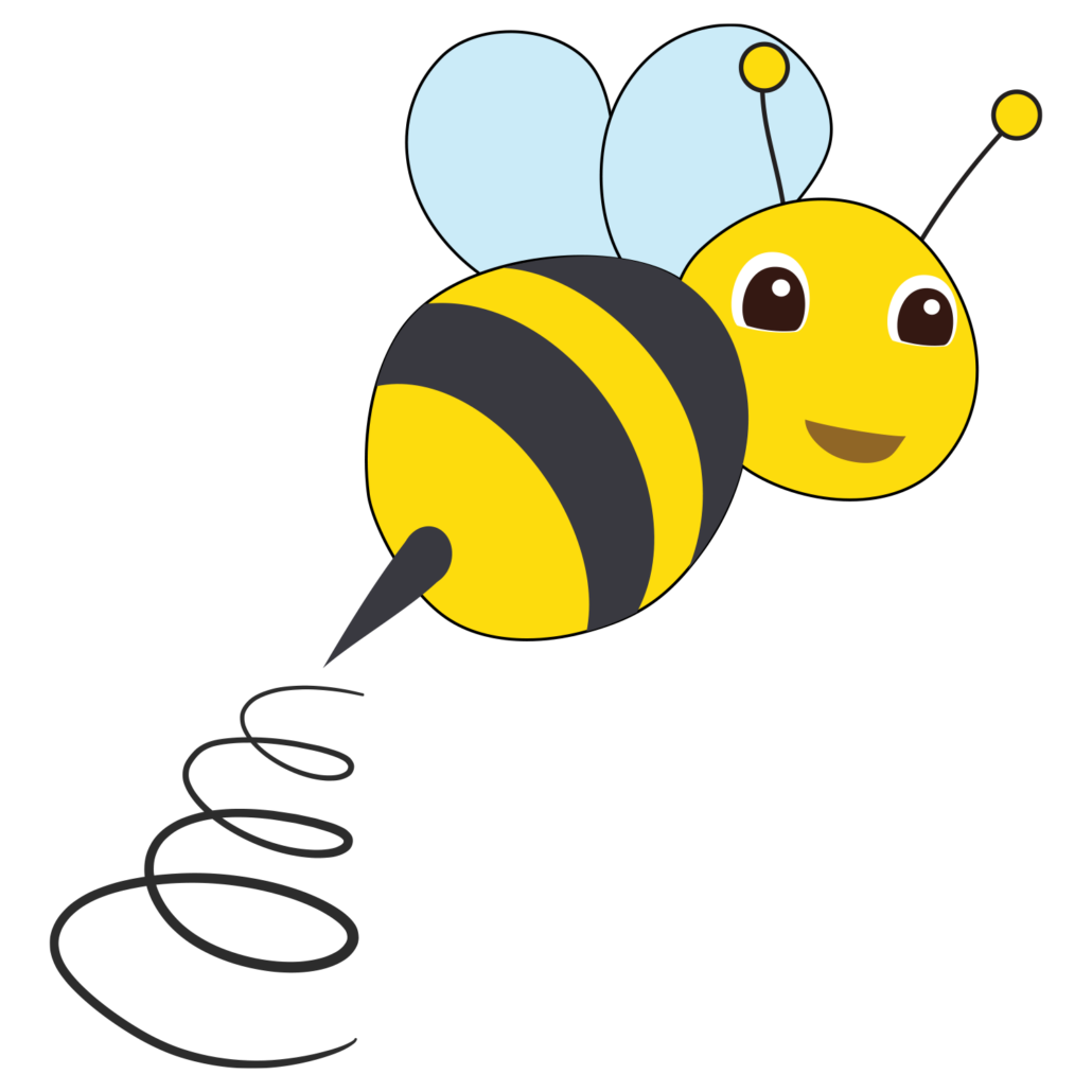 A cartoon bee is flying with a spiral tail.