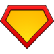 A yellow and red superhero logo on a white background.