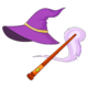 A purple witch hat and a wand with smoke coming out of it.