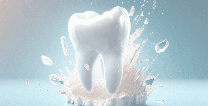 A tooth is breaking through a toothbrush and splashing water.