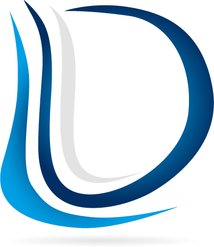 A blue and white letter d on a white background