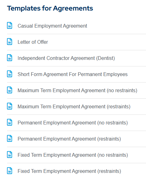 A list of templates for agreements on a website