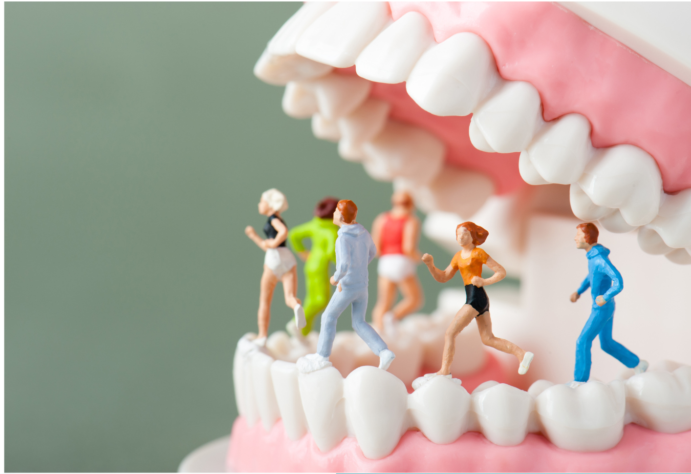 A group of people are running on a model of teeth.