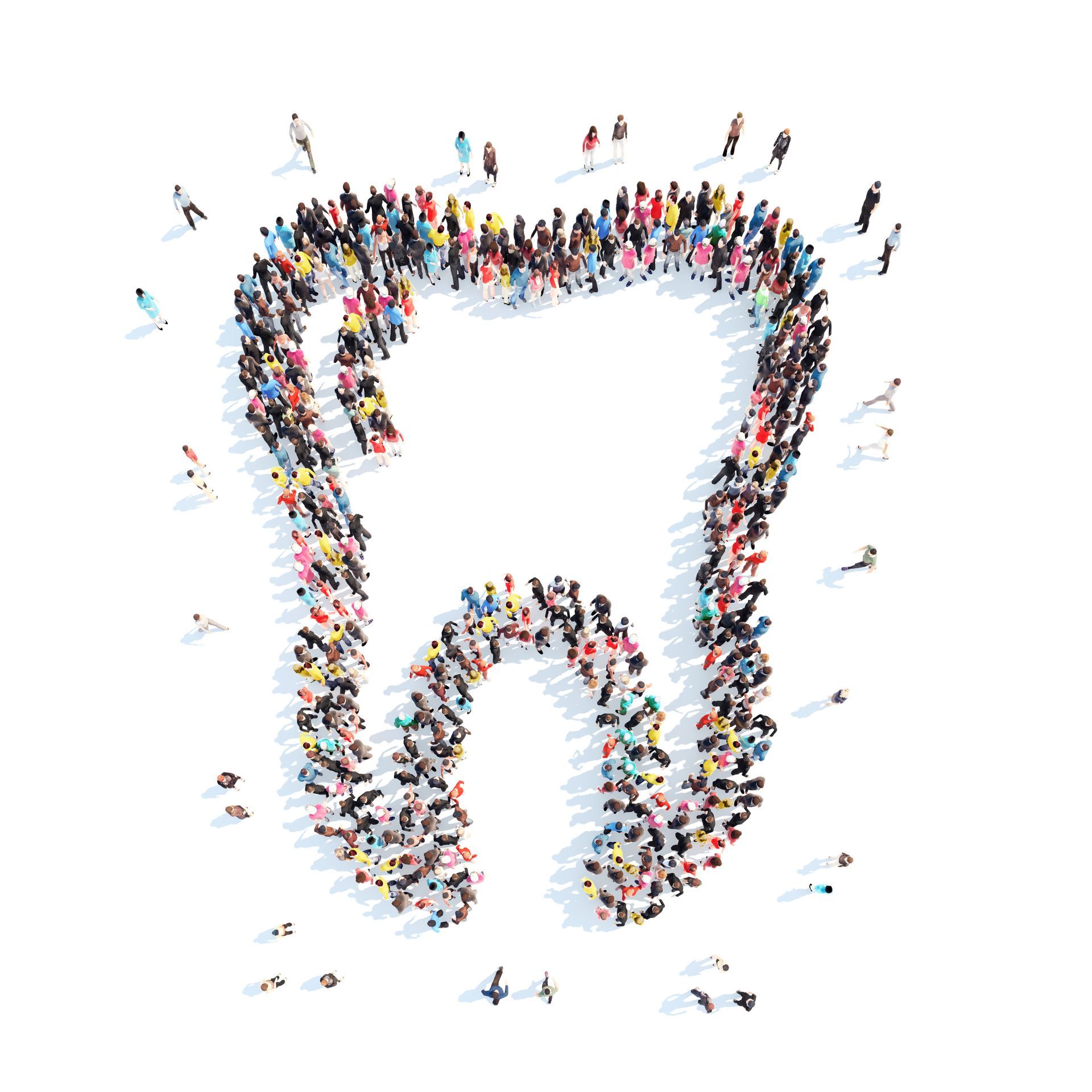 A large group of people are standing in the shape of a tooth.