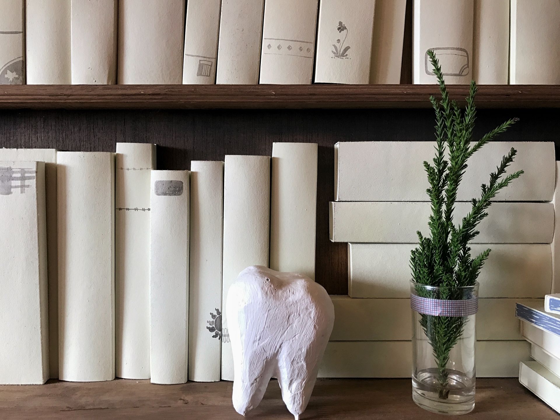 A tooth shaped object is sitting on a table next to a vase with a plant in it.