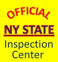 Official NY State Inspection Center sign on yellow background with red and blue text