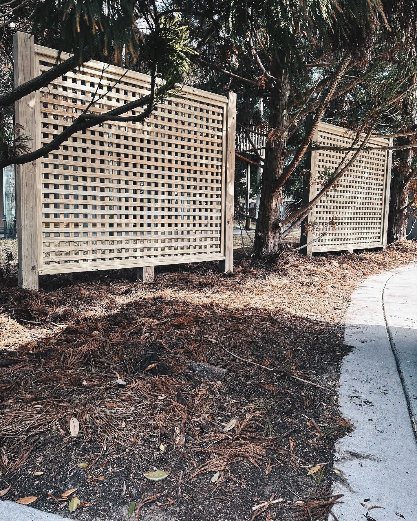 A wooden fence is surrounded by trees and a sidewalk.