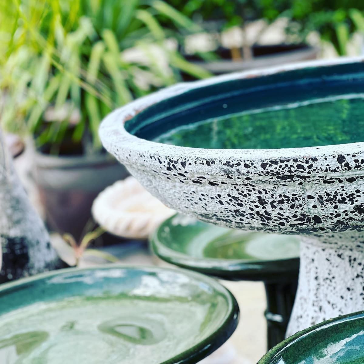 A group of green and white birdbaths are sitting next to eachother with a green plant in the background - Cooroy Landscape Supplies and Garden Centre in Cooroy, QLD