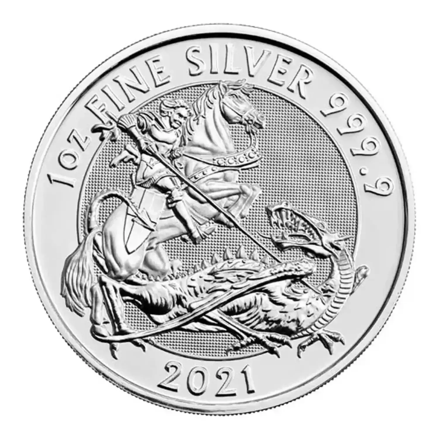 a silver coin with a knight on a horse and a dragon on it