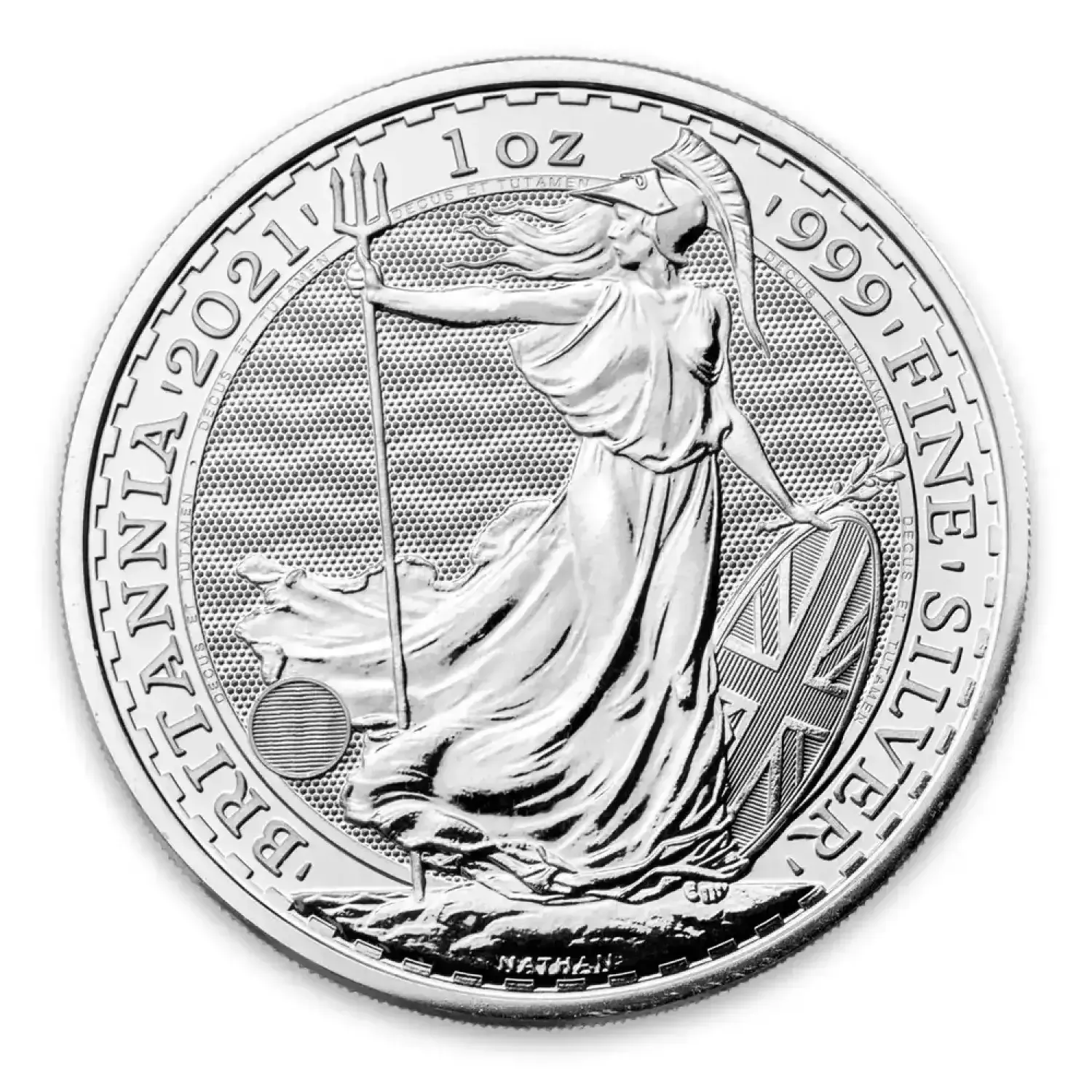 a silver coin with a statue of a woman on it .