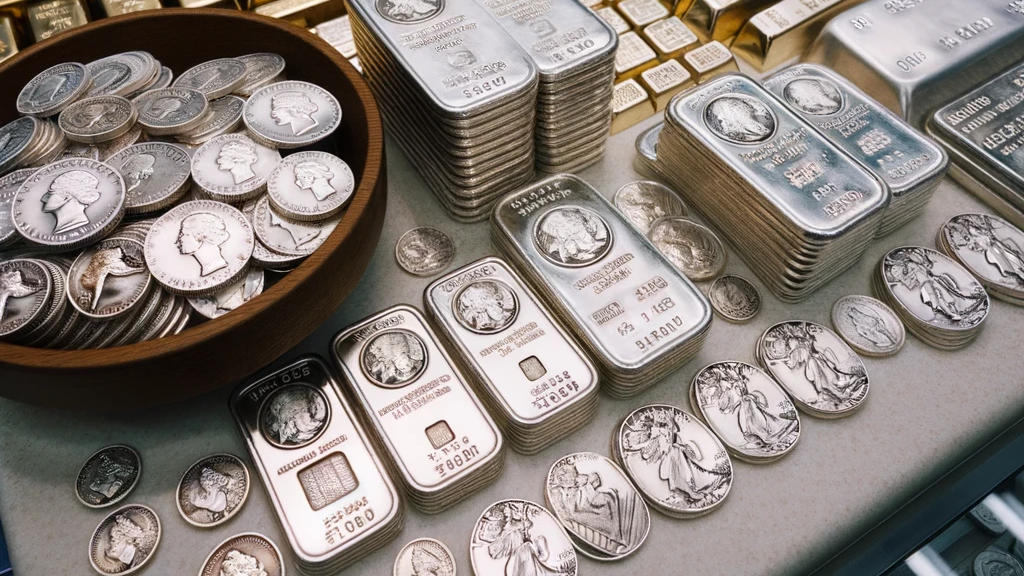 a table topped with lots of silver bars and coins .