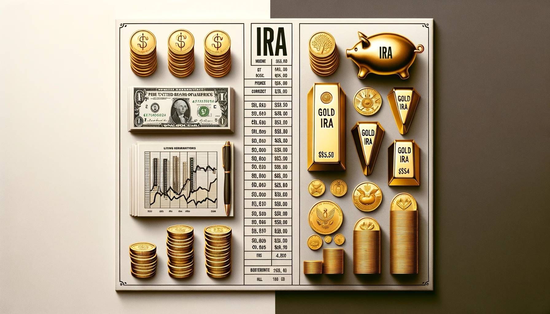 a display of money and gold with the word ira in the middle