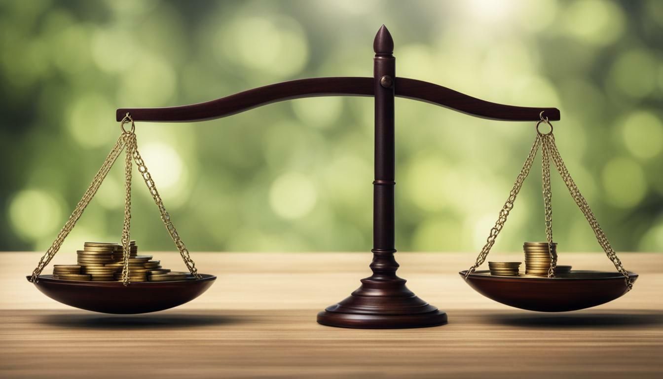 a pair of scales with coins on them on a wooden table .