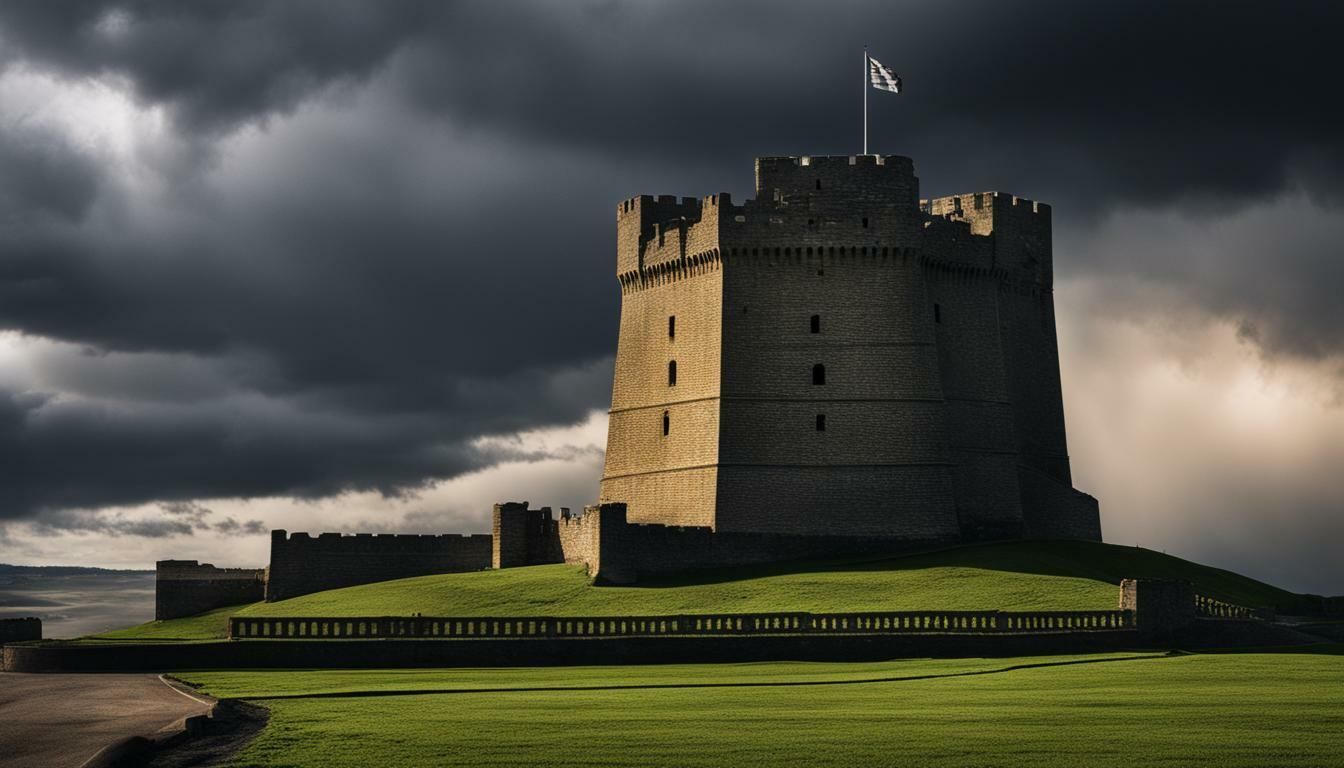 a castle sitting on top of a hill with a flag on top of it .