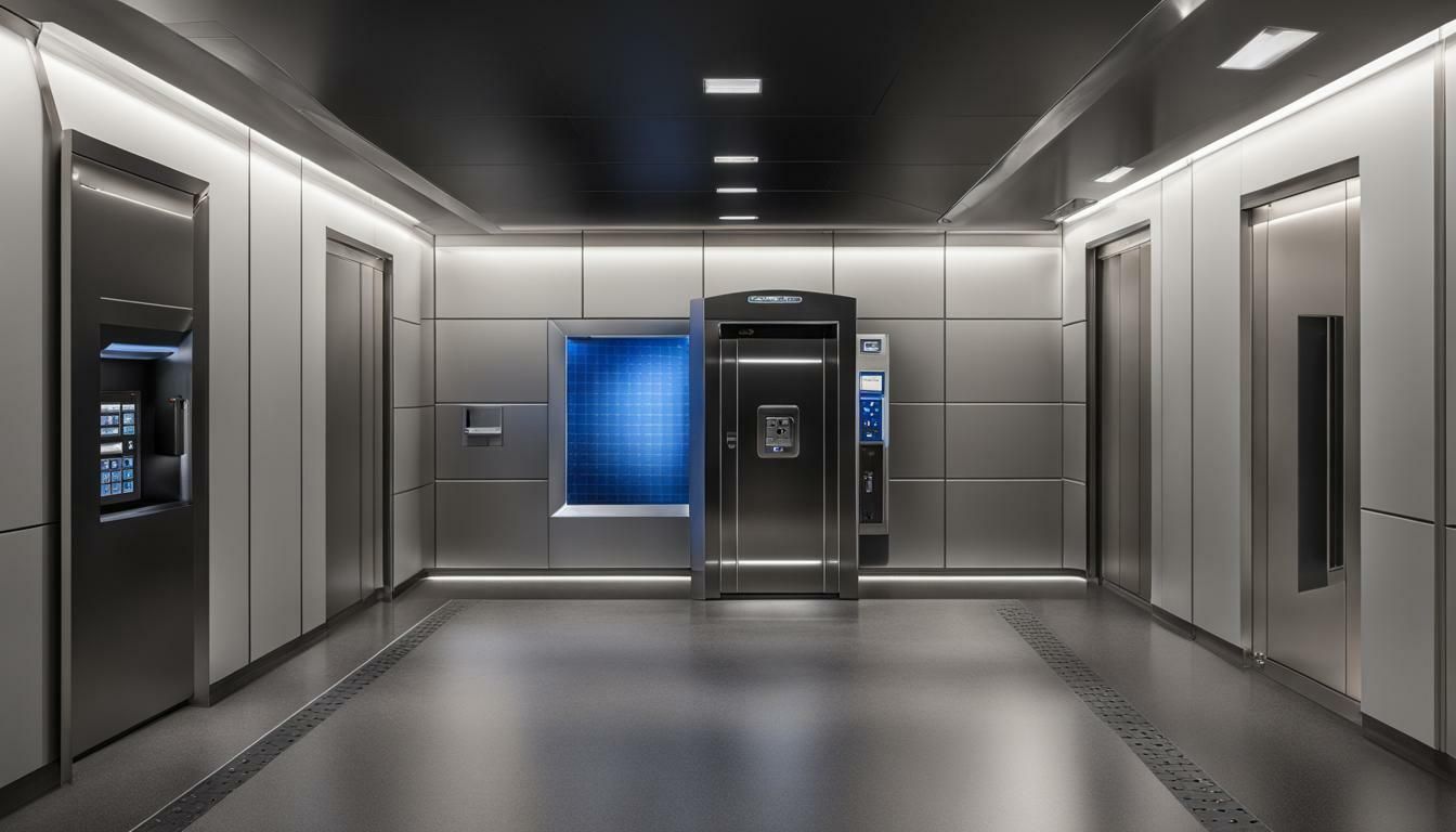 a hallway in a building with elevators and doors .