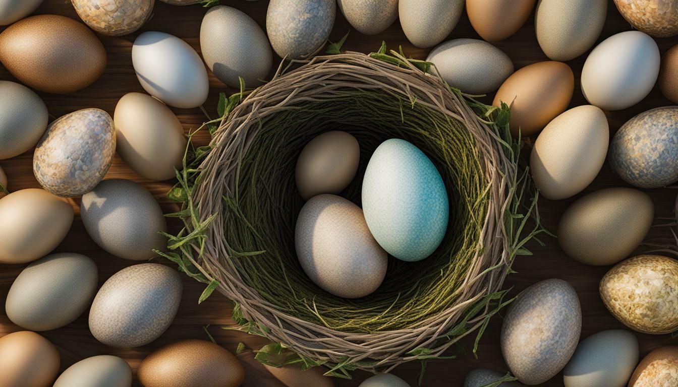 a nest filled with eggs and a blue egg in the middle .