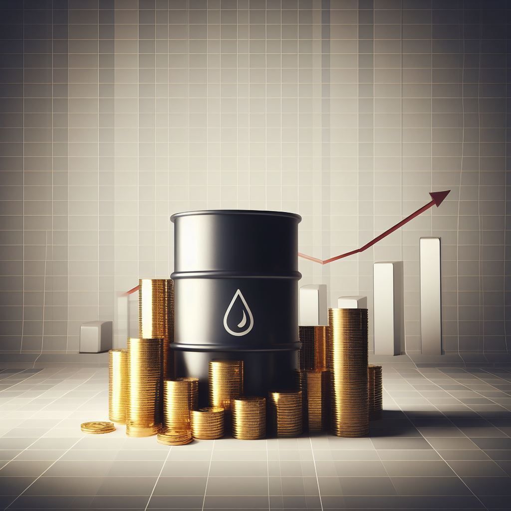 a barrel of oil surrounded by stacks of coins