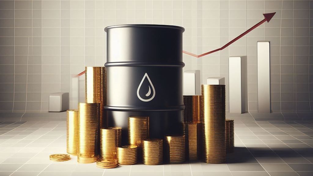 a barrel of oil surrounded by stacks of coins