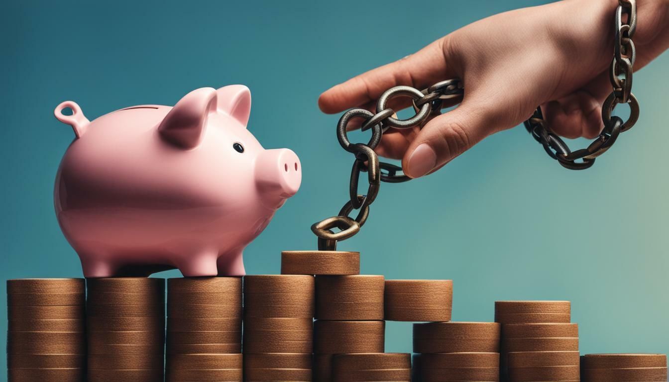 a person is chaining a piggy bank to a pile of coins .