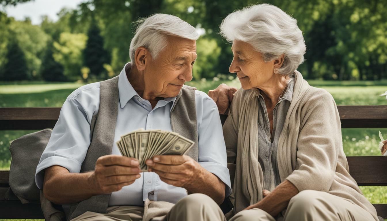 an elderly couple is sitting on a park bench looking at money .