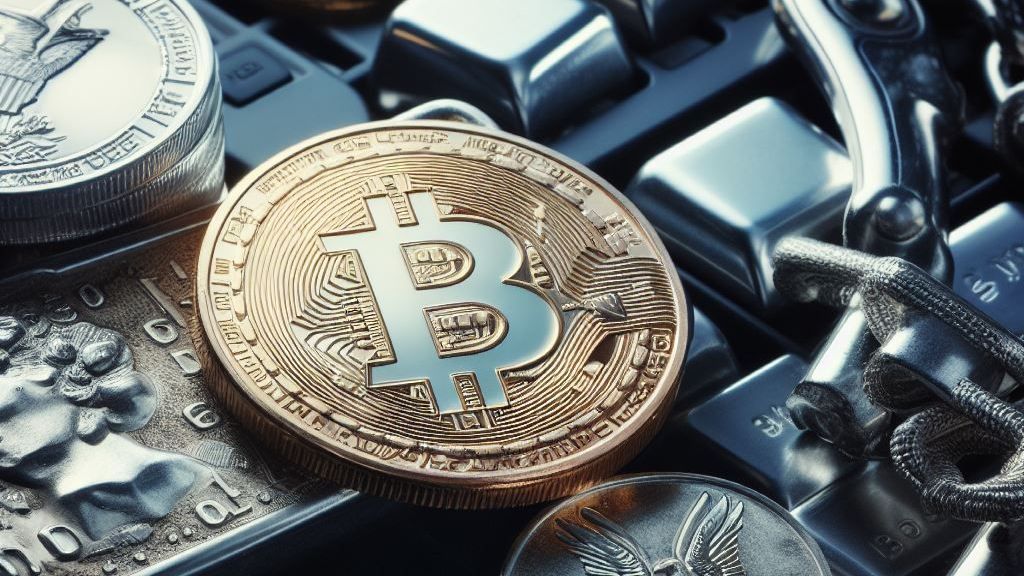 a bitcoin is sitting on top of a keyboard surrounded by other coins .