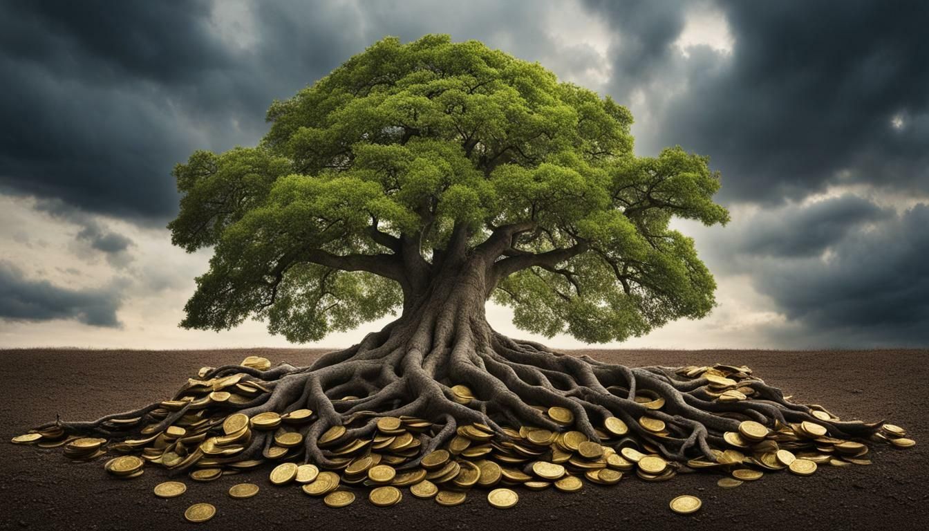 a tree with roots growing out of a pile of gold coins .