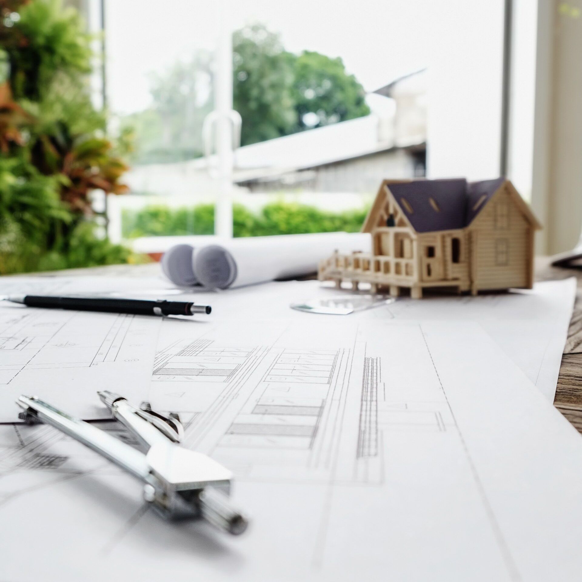 A model house is sitting on top of a table next to a compass.