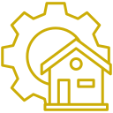 An icon of a house with a gear in the background.