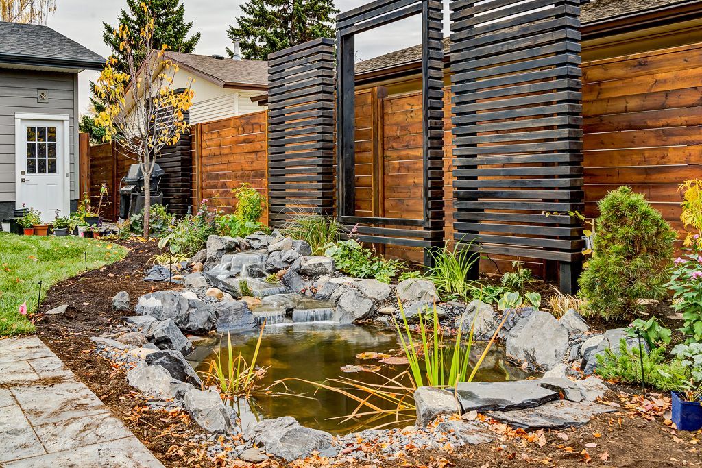 Backyard oasis with a pond, rocks, plants, and wooden privacy screen.