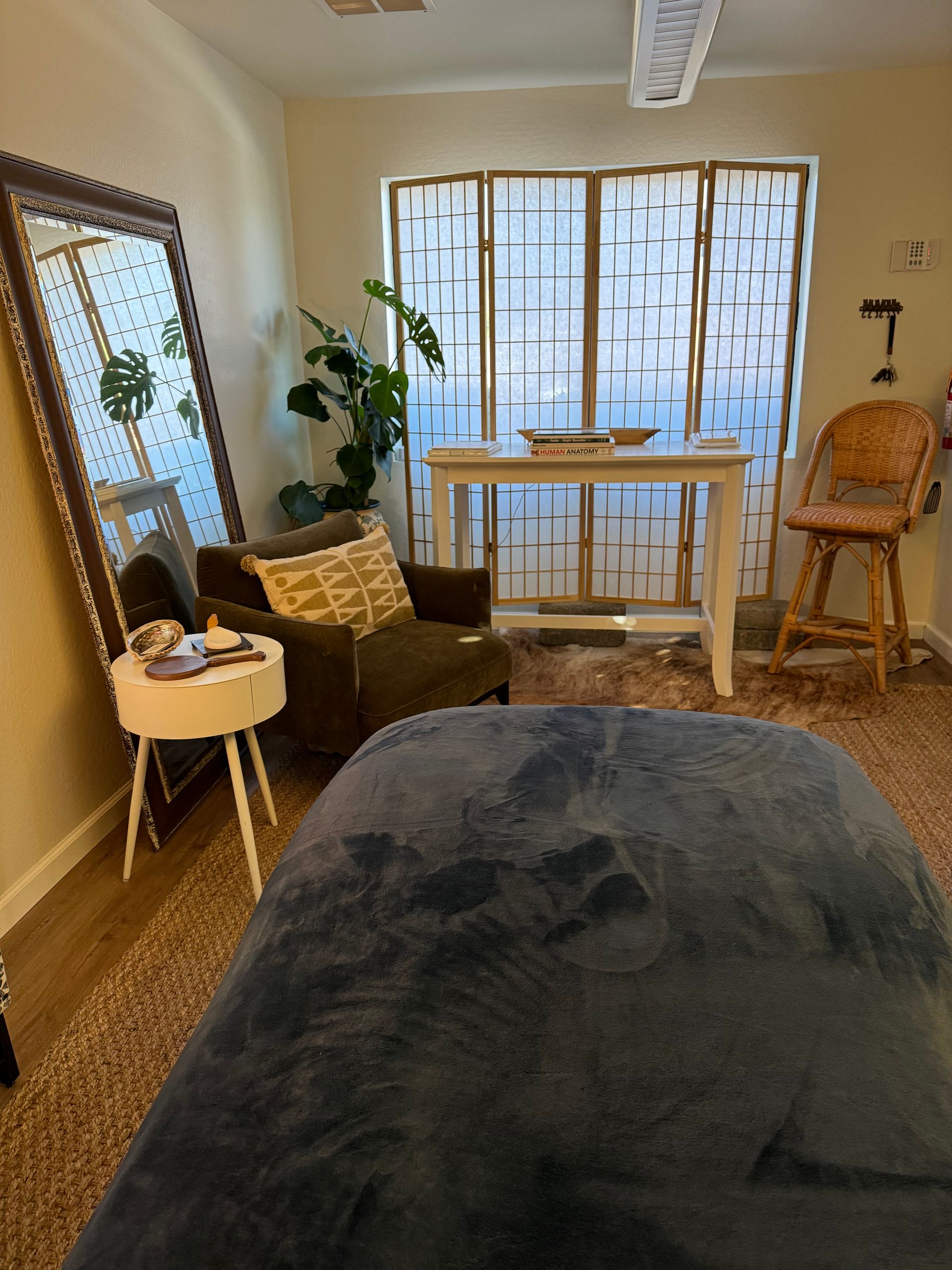 A room with a bed a chair a table and a mirror