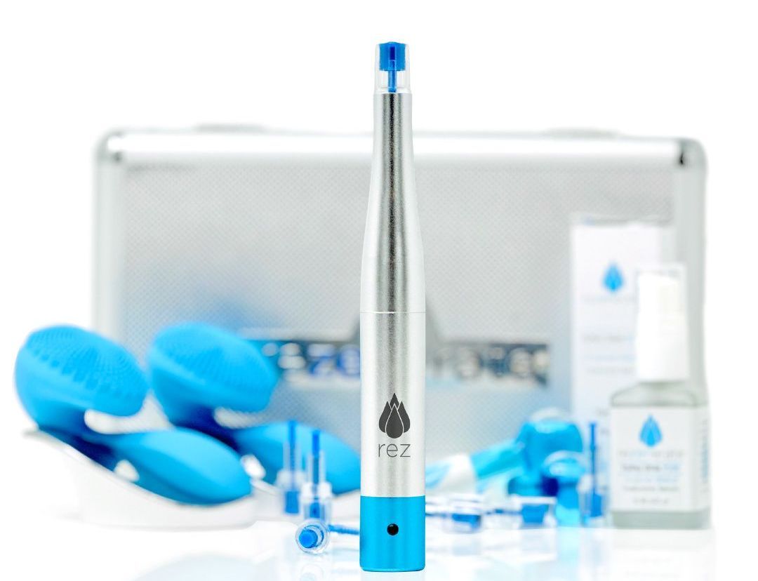 A bottle with a blue cap is sitting on a table