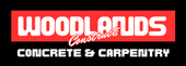 Logo for Woodlands Concrete & Carpentry. White text on red and black background.