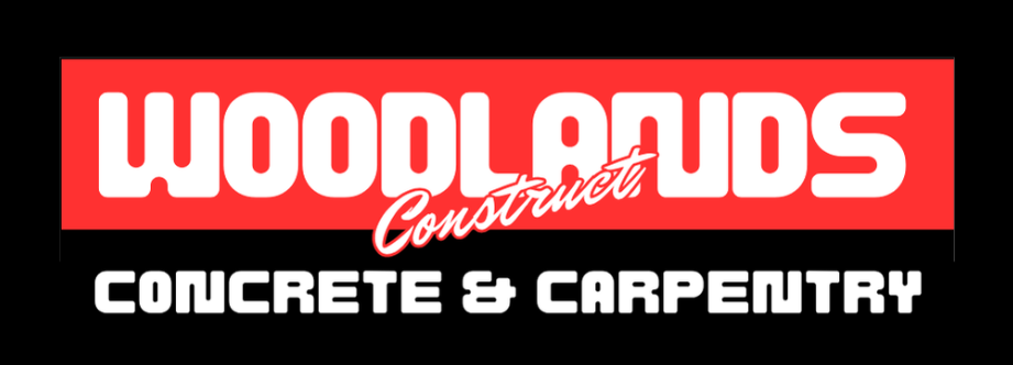 Logo for Woodlands Concrete & Carpentry. White text on red and black background.