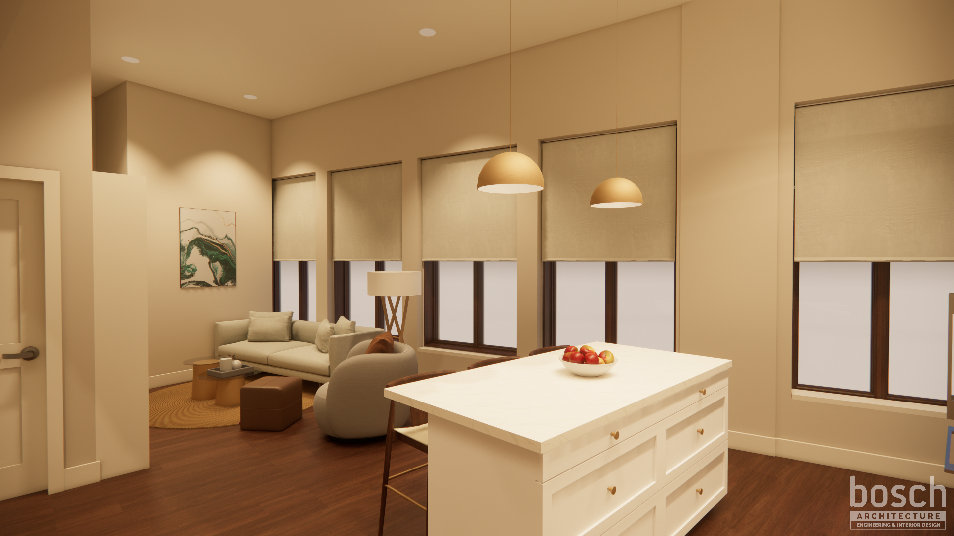 a kitchen rendering with eat-in kitchen and windows