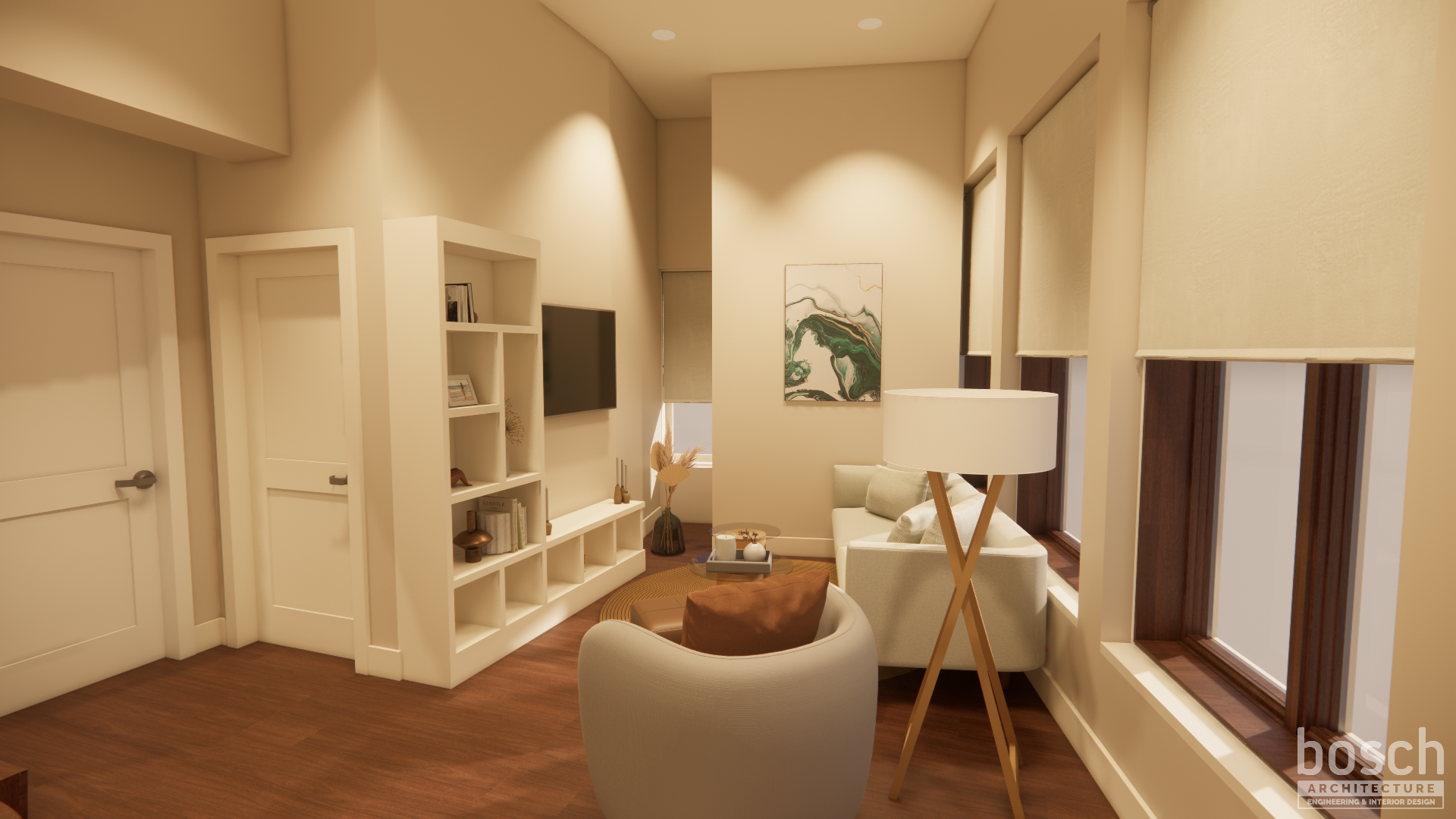 a living room rendering with built-in bookshelves