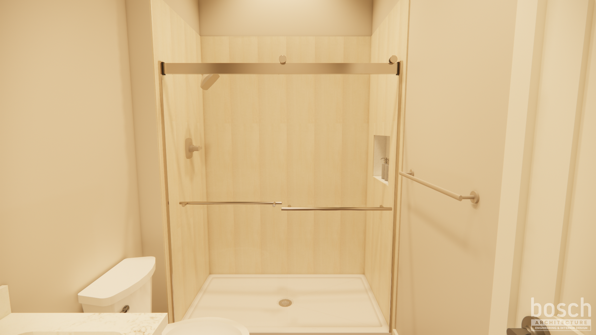 a bathroom rendering of a walk-in shower with glass doors