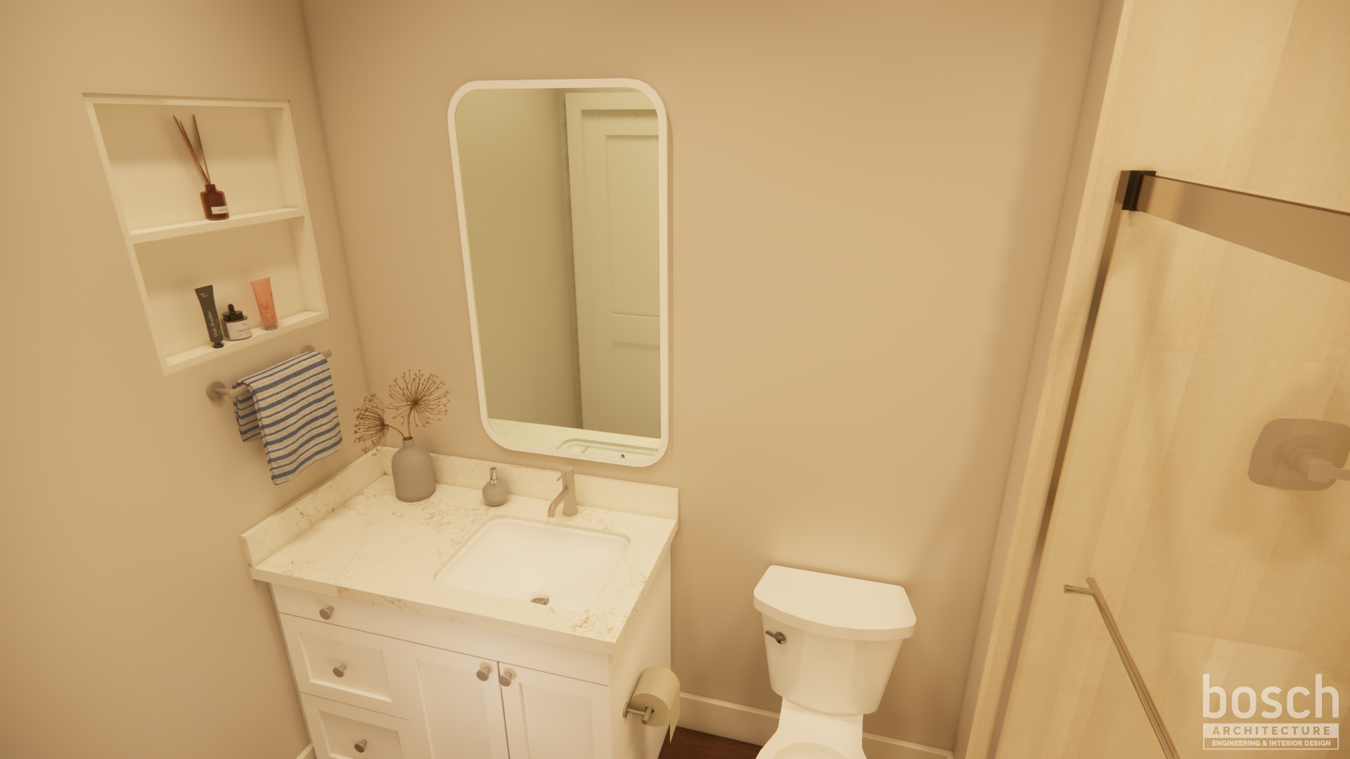 a bathroom rendering with white counters and cabinets