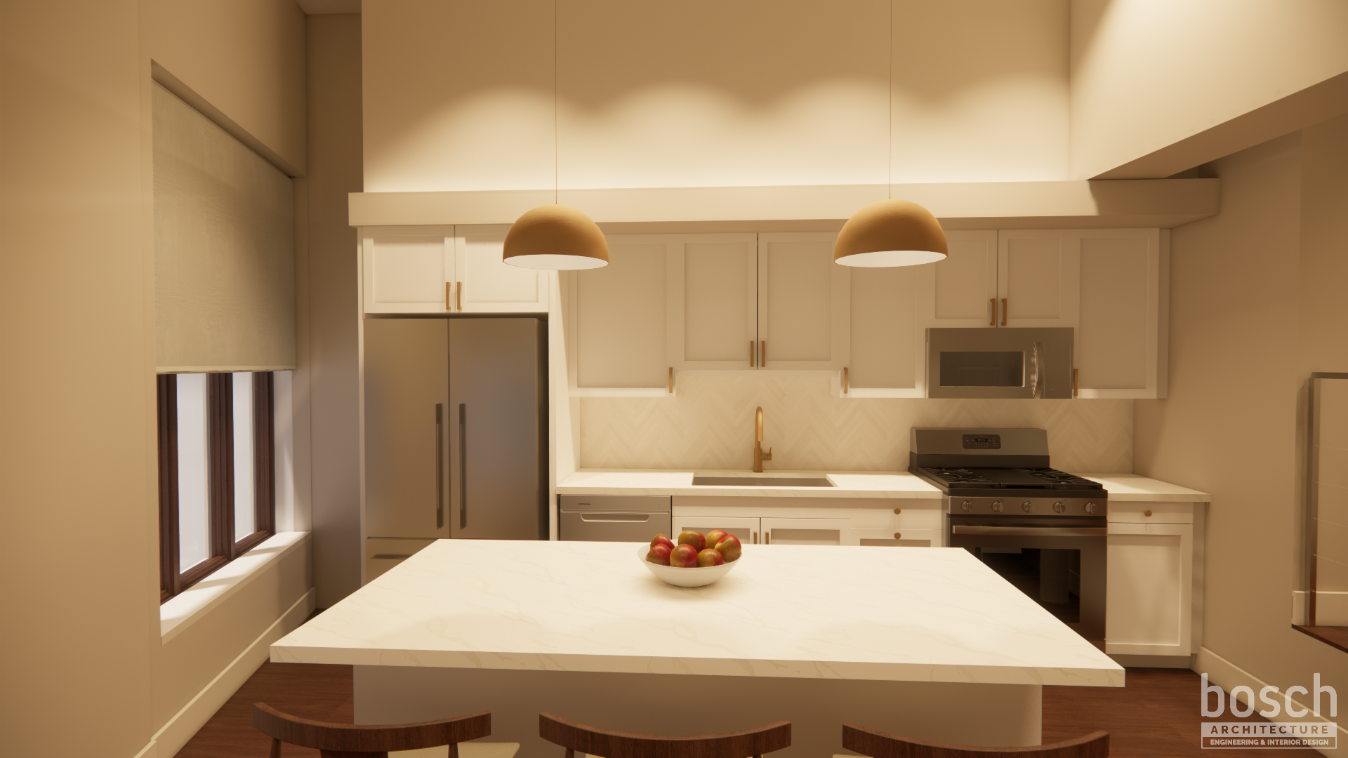 a kitchen rendering with white granite countertops and white cabinets