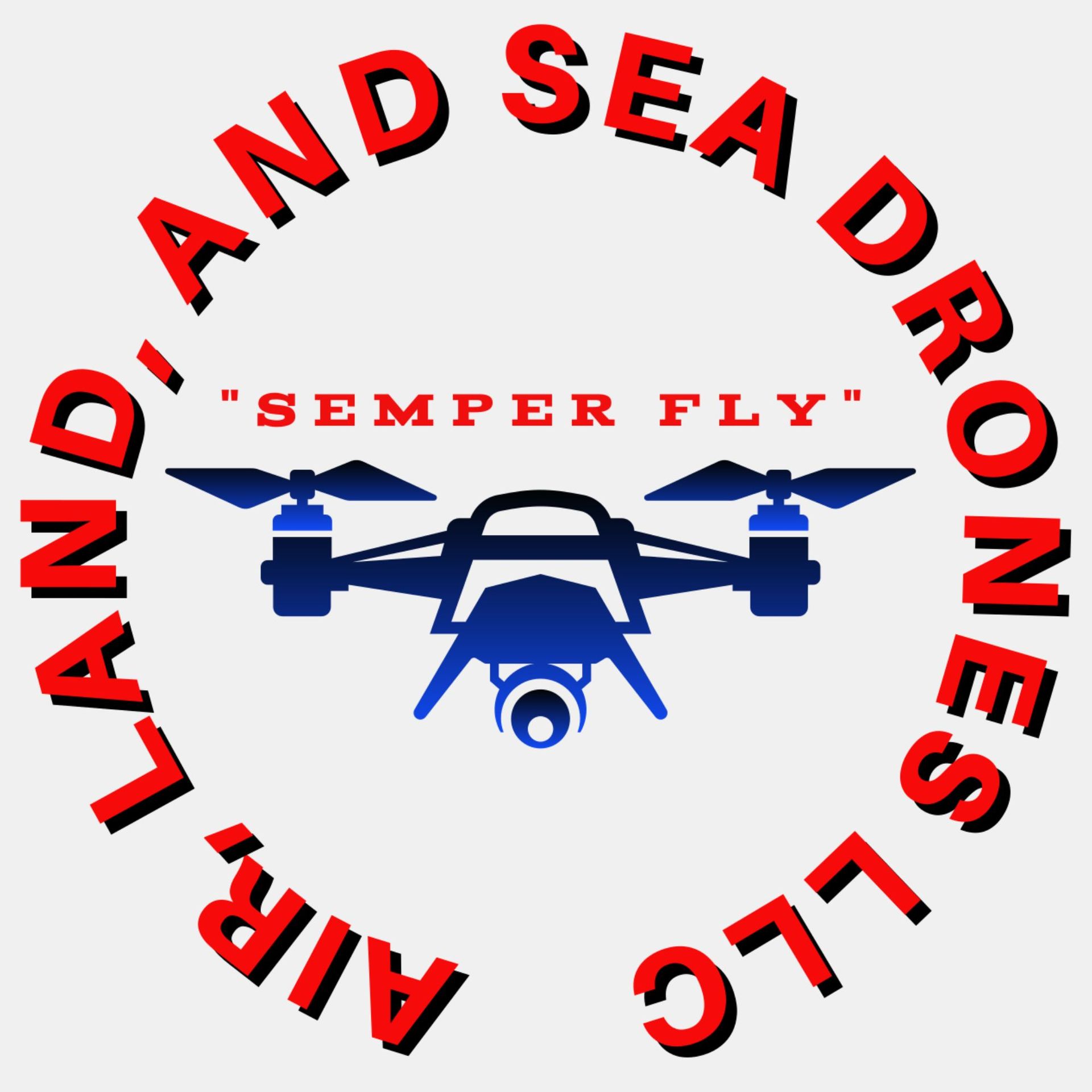 Logo: Blue drone, surrounded by red text 