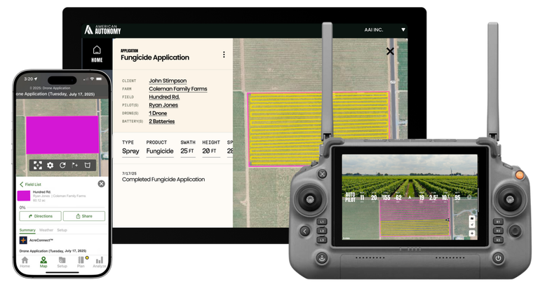 American Autonomy drone software platform — ground control station, data management and AcreConnect integration on three screens