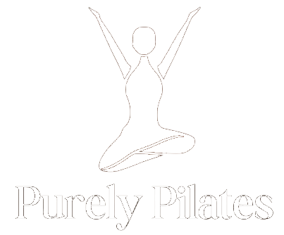 Line drawing of person in seated yoga pose, arms raised; "Purely Pilates" below.