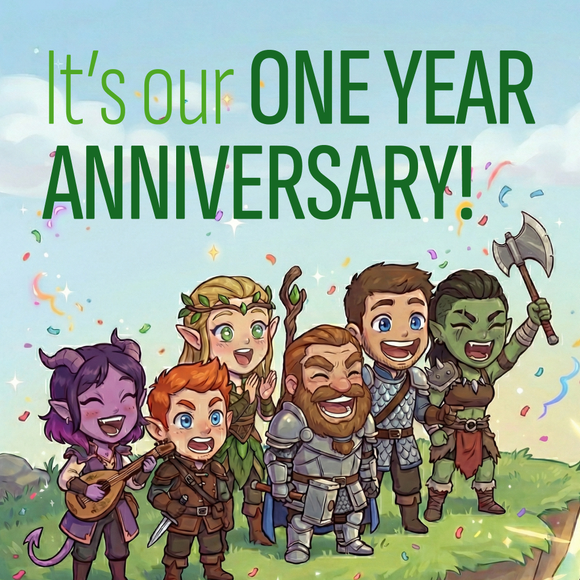 Group of smiling fantasy characters celebrate their one-year anniversary, confetti falling, green text on blue background.