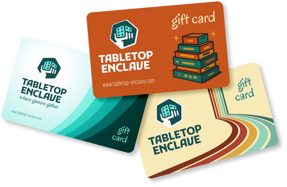Three Tabletop Enclave gift cards in orange, teal, and beige with the company logo and 
