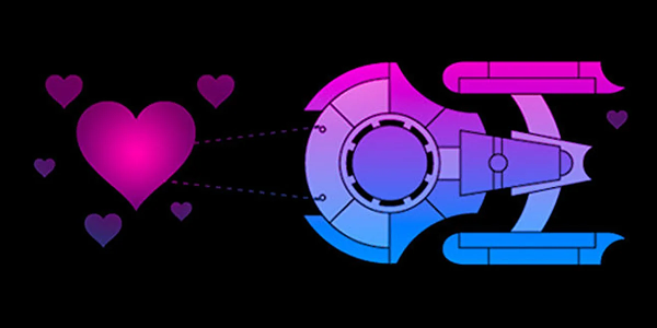 A spaceship with a bi pride color scheme shooting hearts at a large heart, all on a black background.