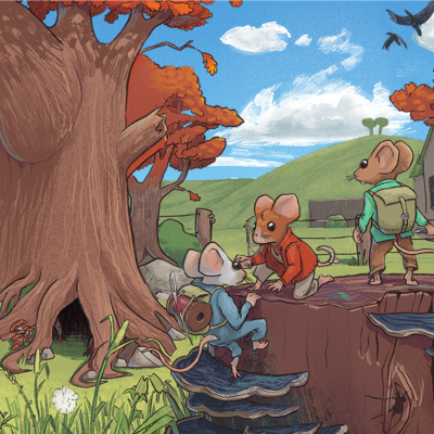 Three mice in a rural scene; one climbs a tree stump, another kneels, the last stands with a backpack. Autumn colors.
