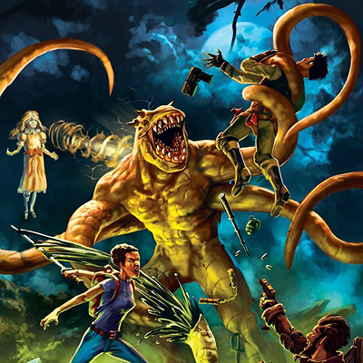 A monster attacks humans in a dark setting, with a floating girl.