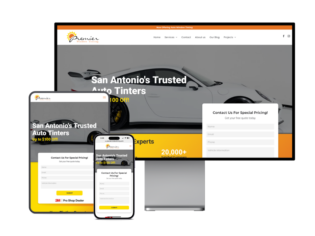 A computer , tablet , and phone displaying a website for san antonio 's trusted auto tinters.