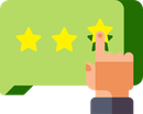 A hand is pointing at a speech bubble with three stars on it.