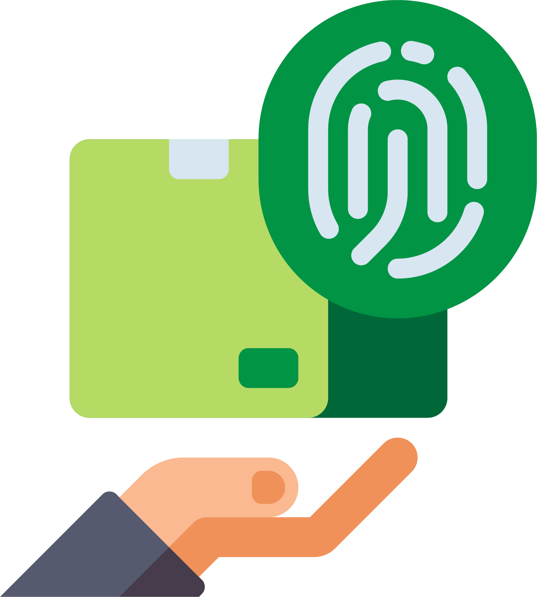 A hand is holding a green box with a fingerprint on it.